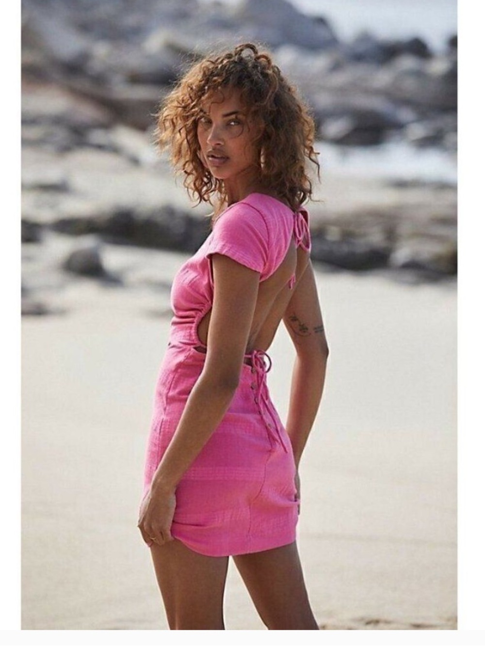 Free People Endless Summer Meika Pink Linen Cotton Open Back Mini Dress Size XS